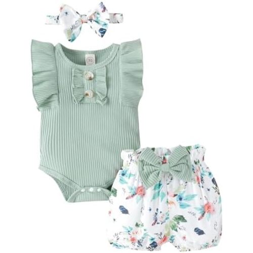 Newborn Baby Girl Clothes Outfits Ruffle Romper and Short Pant Sets with Headband Infant Bodysuits