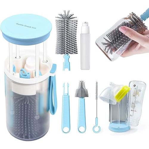 Travel Bottle Cleaner Kit with Baby Bottle Drying Rack, Silicone Liquid Brush, Nipple Brush, Straw Brush, Bottle Soap Dispenser, Baby Bottle Scrubber Brush - Portable Baby Bottle Brush Set, Blue