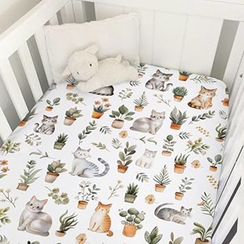 Watercolor Cats Boho Leaves Flowers Baby Crib Sheets 52''x28'' Cute Cats Tropical Plants Stretchy Fitted Crib Mattress Cover for Boy Girl Soft Nursery Bed Sheets for Standard Crib and Toddler Mattress