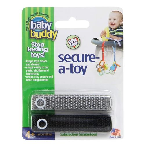 Baby Buddy Secure-A-Toy, Safety Strap Secures Toys, Teether, Or Pacifiers to Strollers, Highchairs, Car Seats, Adjustable Length to Keep Toys Sanitary Clean, Registry Must Haves, Black-Gray, 2 Count