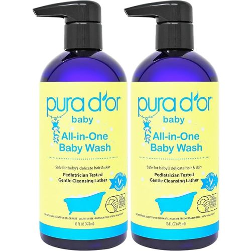 PURA D'OR All-in-One Baby Wash (16 Oz x2 = 32 Oz) USDA Biobased, Zero Sulfates, No Artificial Scents, Tear-Less, Hypoallergenic, Gentle, Calming 2-in-1 Baby Bath Wash & Shampoo
