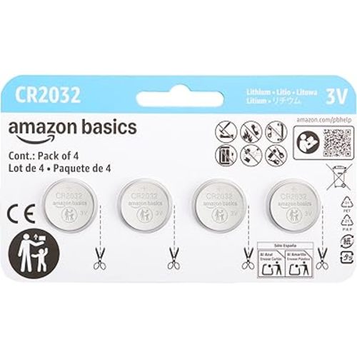 Amazon Basics CR2032 3V Lithium Coin Cell Batteries, Child-Proof Package, Non-Coated, AirTag Compatible, 4-Pack