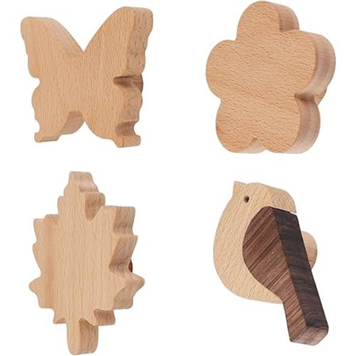 MOROBOR Wood Wall Hook, 4 Pack Natural Wooden Coat Hooks Wall Mounted Maple Leaf Flower Butterfly Bird Heavy Duty Hooks for Children's Room Decoration Cabinet Knobs Hooks
