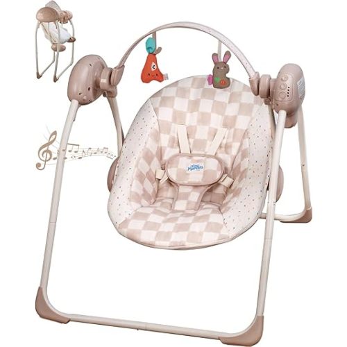 Baby Swings for Infants, Tiny Marvels Foldable Swing with Music,0-9M, 20lbs | Five swing speeds, dual power supply, five-point harness, auto shutoff timer, sensory toy bar