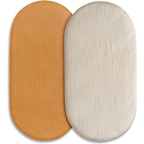 Muslin Bassinet Fitted Sheets, 2 Pack for Baby Boy and Girl, Soft Breathable Stretchy Baby Pad/Mattress Sheet Set, Universal Fit for Hourglass Oval and Rectangle Bassinet Mattress (Elegant Colors)