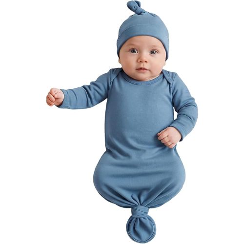 Baby Newborn Knotted Gown 0-6 Months, Super Soft Infant Long Sleeve Sleepwear for Girl and Boy, Baby Coming Home Hospital Outfit with Hat Set Blue