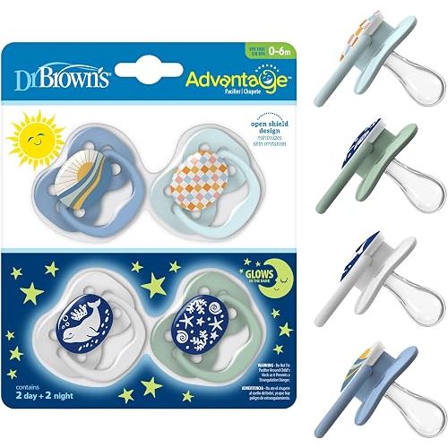 Dr. Brown's Advantage Glow-in-the-Dark Baby Pacifier, Fully Symmetrical Soother with Soft Silicone Bulb, Blue Sunrise-Blue Ocean, 0-6m, BPA Free, 4 Pack
