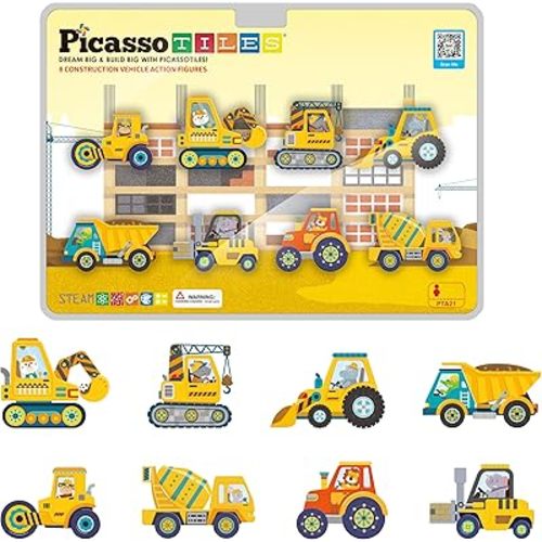 PicassoTiles Magnetic Tile Building Blocks Add On 8 Magnetized Action Figures Construction Vehicles & Zoo Animal Theme Compatible with Magnet Tiles Sets STEM Learning Toy for Boys & Girls Age 3+ PTA21