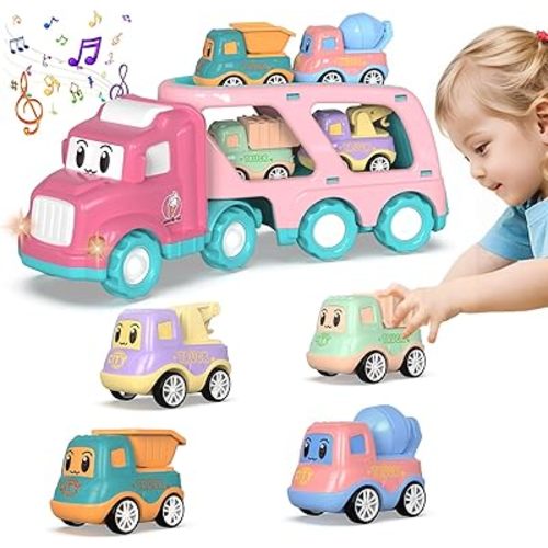 SHAWE 5 in 1 Toys Cars for 3 4 5 6 Years Old Toddlers Boys Girls Gifts, Transport Truck Toys with Sound&Light, Cute Pull Back Cars Vehicle Carrier Truck Set for Kids Birthday Christmas