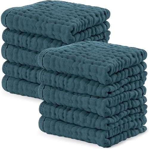 Comfy Cubs Muslin Baby Washcloths 10 Pack - Soft 6-Layer Cotton Wash Cloths for Sensitive Skin - 10"x10" Large, Gentle, Absorbent Infant Essentials for Newborn and Toddlers - Neptune