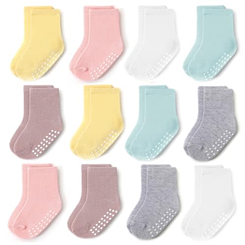 JAKIDAR 12 Pack Baby Toddler Socks Non Slip Grip Cotton Crew Socks for Boys Girls Infants Kids