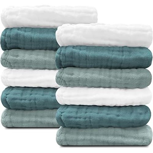 Sunny zzzZZ Baby Muslin Washcloths -100% Cotton Muslin Soft Baby Bath Wash Cloths and Absorbent Burp Cloths for Newborns Kids Girls and Boys -12 Pack, 12x12 Inches - White+Light Emerald Series