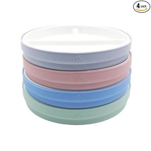 Elk and Friends 6.7" Kids Porcelain White Plates with Silicone Sleeves | Divided Plates | Suitable for Kids/Toddlers | Microwave & Dishwasher Safe | Non Slip | Snack Dishes
