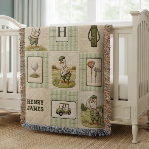 Personalized Woven Golf Goose Baby Blanket Custom Name Woven Blanket, Silly Goose Golf Nursery Decor, Baby Boy Keepsake