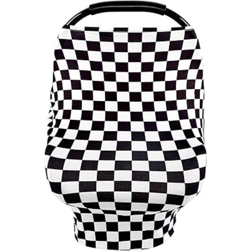 TANOFAR Car Seat Cover for Baby, Multi-Use Cover Carseat Canopy, High Stretchy & Breathable Infant Carseat Cover, Shower Gifts for Unisex Boys and Girls (Black Checkered)