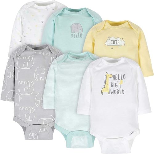 Gerber Unisex Baby 6 Pack Long-sleeve Onesies Bodysuit - Newborn - Animals Green