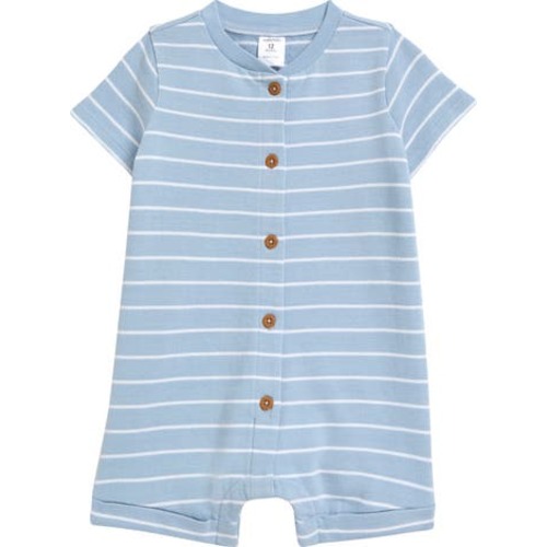 Stripe Button-Up Cotton French Terry Romper, 6M