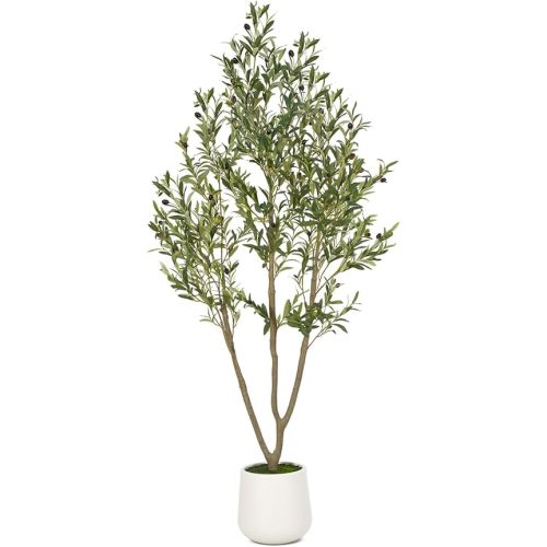 Artificial Olive Tree, 6FT Tall Faux Olive Tree with White Planter, Artificial Plants with Natural Wood Trunk and Lifelike Fruits for Home Office Decor