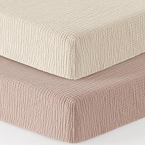 Muslin Pack and Play Sheets Fitted 100% Cotton Mini Crib Sheets for Pack N Play Playard Mattress 38”x26” Snug Crib Mattress Cover for Baby Boys Girls, 2Pack (Baby Face)