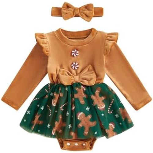 Newborn Baby Girl Christmas Outfit Stars/Gingerbread Man Long Sleeve Romper Dress Tulle Onesie Cute Winter Clothes