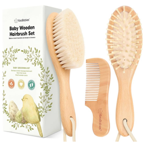 Baby Hair Brush and Comb Set for Newborn - Wooden Baby Hair Brush Set with Soft Goat Bristle, Baby Brush Set for Newborns Baby Brush and Comb Set Girl, Boy, Toddler Cradle Cap Brush (Oval, Walnut)