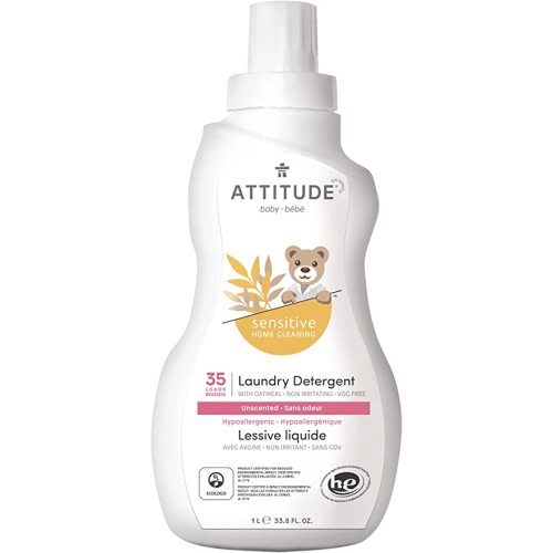 ATTITUDE Baby Laundry Detergent for Sensitive Skin, Hypoallergenic, Dye free, Unscented, HE compatible, Fragrance Free, 33.8 Fluid Ounce, 35 Loads