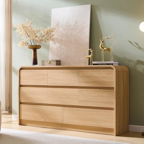 Aitjunz Modern 8 Drawers Dresser for Bedroom, 55" Wide Dressers & Chest of Drawers w/Curved Profile Design, Wood Mid Century Storage Dressers Organizer for Bedroom, Living Room, Natural Oak