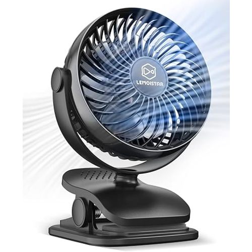 LEMOISTAR Battery Operated Clip on Fan, Baby Stroller Fan,4 Speeds, Work Ultra Quiet, Free Angle Adjustable, AA Battery Powered Portable USB Desk Fan for Camping Office Outdoor(Without Batteries)