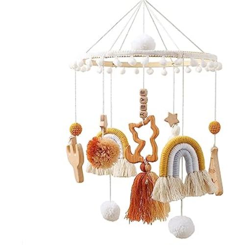 Rainbow Baby Mobile Hanging Cute Cat Hanging Bed Bell Baby Mobile Rainbow Baby Crib Mobile Wind Chimes with Felt Balls Neutral Baby Crib Mobile Kids Room Nursery Decor Gift for Girls or Boys