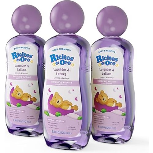 RICITOS DE ORO Lavender Baby Shampoo - Nourishes & Softens Hair, Calming Aroma, Includes Rattle Cup, Hypoallergenic & Tear Free, Promotes Better Sleep, Natural Lavender, Size 8.45 oz, 3-Pack