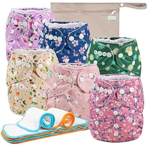 Wegreeco Cloth Diapers 6 Pack with Inserts & Wet Bag, Washable Reusable Diapers for Babies, One Size Adjustable (Chrysanthemum)