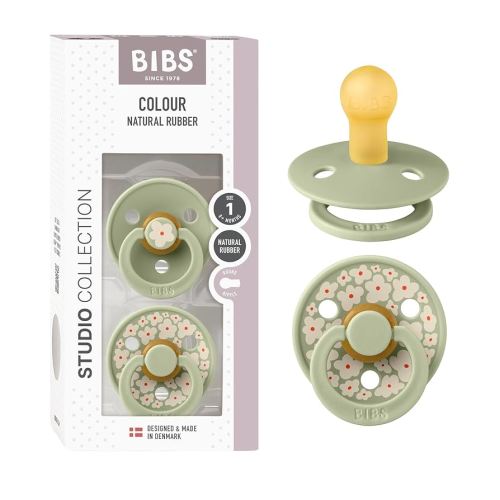 BIBS Pacifiers - Colour Studio 2 Pack | Round Nipple Baby Pacifier | BPA Free Natural Rubber Latex Soother | Made in Denmark | Size 0+ Months | Jasmine Sage