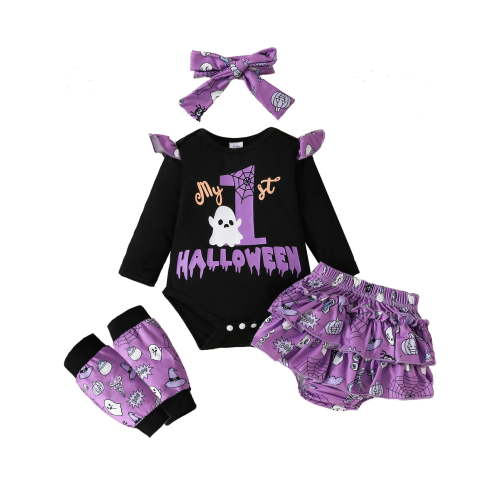 WIBACKER My First Halloween Outfits 0-18M Baby Girl Newborn Ghost Boo Bodysuit + Tutu Shorts with Leg Warmer 4Pcs Sets Party Cosplay Costumes