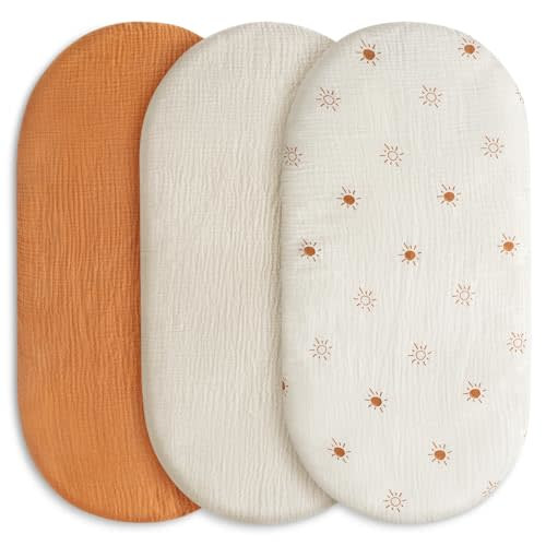 Gllquen Baby Muslin Bassinet Sheets 3 Pack, Breathable Elastic Cozy Fitted Cotton Bassinet Mattress Sheet for Baby Boy Girls, Fit for Hourglass Oval Rectangular Cradle Pad Sheets 33"X17" (Sunshine)