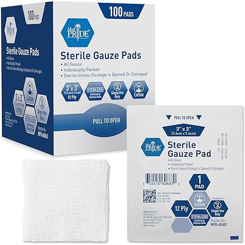 MED PRIDE Sterile Gauze Dressing Pads, 12 Ply Highly Absorbent Cotton, Individually Wrapped, Non Stick, Painless Removal (3x3 Inch (Pack of 100))