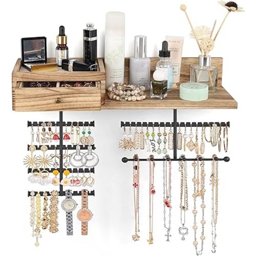 VINAEMO Jewelry Organizer Hanging Wall Mounted Jewelry Holder with Rustic Wood Drawer & Large Capacity Storage Shelf Rack Display for Earrings Rings Necklaces Bracelet