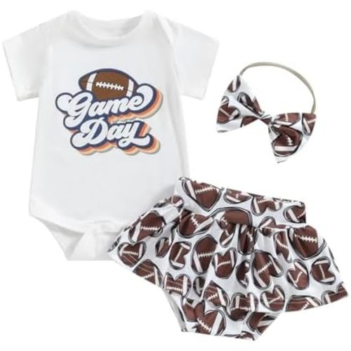 Newborn Baby Girl Football Outfit Game Day Romper Football Tutu Shorts Set Headband 3Pcs Infant Summer Clothes