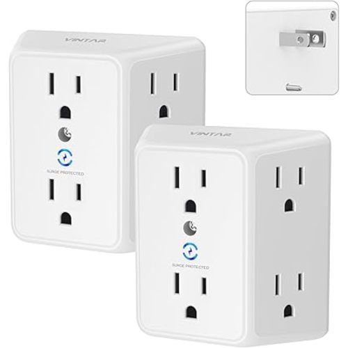 VINTAR 2 Prong to 3 Prong Outlet Adapter, 3 Sided 6 Outlet Widely Spaced Extender, Polarized Plug, 2 Prong Power Strip, 900J Wall Charger Surge Protector, Mountable Wall Tap for Non Grounded Outlets