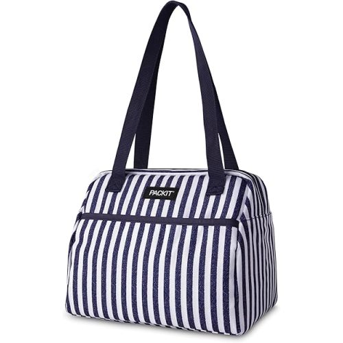 PackIt Freezable Hampton Lunch Bag, Seaside Stripe, Built with ECOFREEZE Technology, Collapsible, Reusable, Zip Closure with Front Pocket and Shoulder Straps, Designed for Fresh Office Lunches