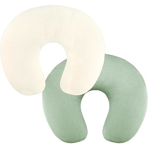 GFU Muslin Nursing Pillow Covers 2 Pack, Soft Feeding Pillow Slipcover for Breastfeeding Moms, Removable Case for Baby Girl and Boy (Beige,Green)