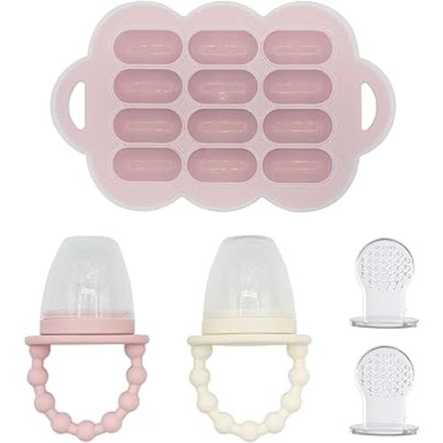 WeeSprout Baby Food Feeder Set - 2 Silicone Feeders & Reusable Freezer Tray with Lid - BPA-Free Fresh Fruit & Veggie Pacifier for Babies & Toddlers - Double as Teething Toys - Dishwasher Safe