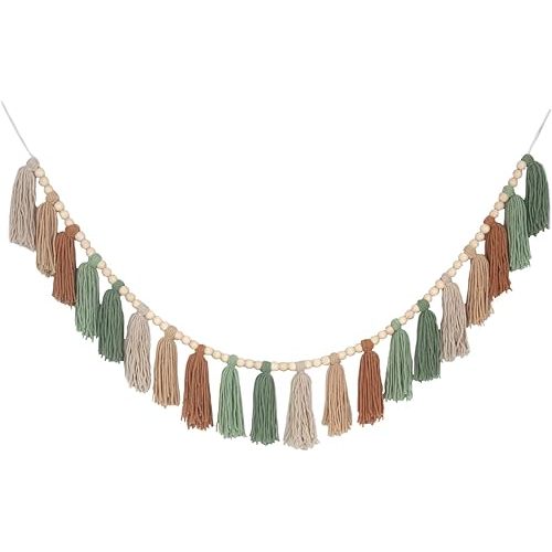 Sage Green Brown Boho Yarn Wood Bead Tassel Garland Wall Hanging Decor Neutral Earth Tone Woodland Banner Tassels for Nursery Classroom Birthday Party Kids Bedroom Baby Shower Decorations