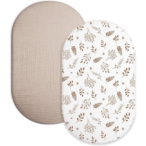 Bassinet Sheet for Baby Boy and Girl 2 Pack, Fitted Sheets for Rectangle, Oval, Hourglass Bassinet Mattress, Muslin Moses Basket Sheets with Neutral Style(Autumn Leaves & Beige)