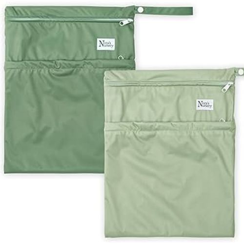 Nora's Nursery Wet Dry Bags with Two Zippered Pockets - Reusable and Washable Wet Bag for Swimming, Travel, Beach, Pool, Daycare, Cloth Diapers, Toiletries and Wet Swimsuits - 11x15 - Garden - 2 Pack