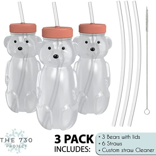 Honey Bear Straw Cup for Babies 3 pack; 8oz straw bear cup with improved safety lid design; honeybear baby cup straw; honey bear cup and honey bear bottle. Straw learning therapy cup. (Firetruck-RED)