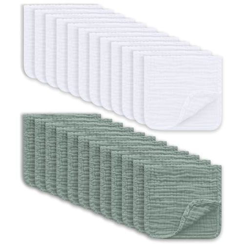 Ease Cubs Muslin Burp Cloths Large 100% Cotton Hand Washcloths for Boys & Girls, Baby Essentials Extra Absorbent and Soft Burping Rags for Newborn Registry (White & Green, 24-Pack, 20" X10")