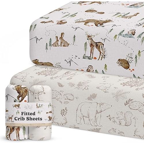 Crib Sheets Neutral - Fitted Baby Crib Sheets Bed for Girl Boy - 2 Pack Standard & Toddler Mattress - Buttery Soft Organic Cotton Blend (Magic Forest)