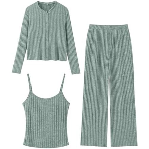 ANRABESS Women 3 Piece Lounge Pajama Sets Knit Crop Cardigan Cami Top Wide Leg Pants 2025 Fall Outfits Comfy Matching Clothes