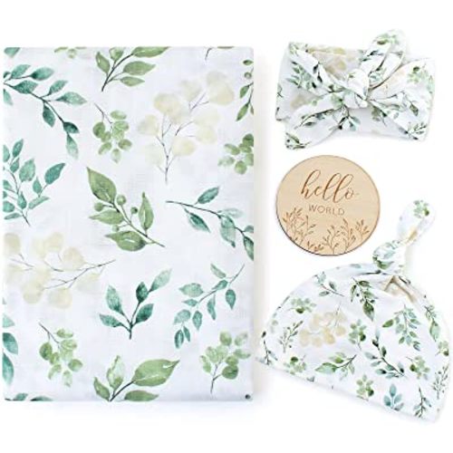 LifeTree Newborn Swaddle Set with Matching Hat and Headband Bow, Wooden Birth Announcement Card, Muslin Baby Swaddle Blankets for Boys & Girls, Eucalyptus Leaves and Greenery Plants