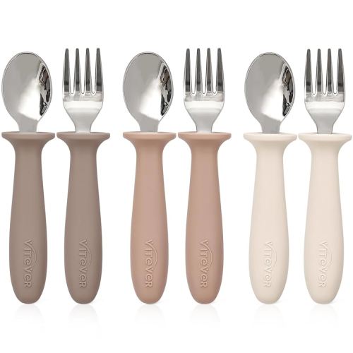 6 Pieces Toddler Utensils, Children Silverware Set with Silicone Handle, Kids Safe Spoons and Forks, Dishwasher Safe, 18/8 Stainless Steel, Food-grade Silicone,BPA Free - Tan